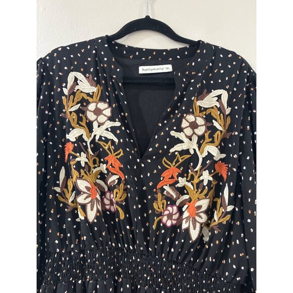 Rusttydustty Dress Modern Bohemia Embroidered maxi with white polka dot size 1X - Picture 5 of 7